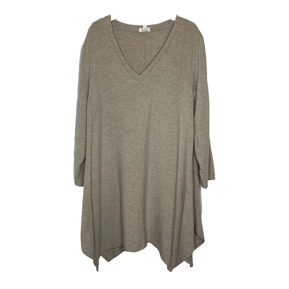Women's Small Garnet Hill Beige V-Neck Tencel Blend Tunic Long Sleeve Shirt